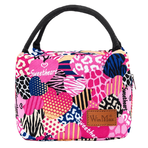 Sac isotherme coloré avec motifs de cœurs, idéal pour conserver les aliments et boissons à température.