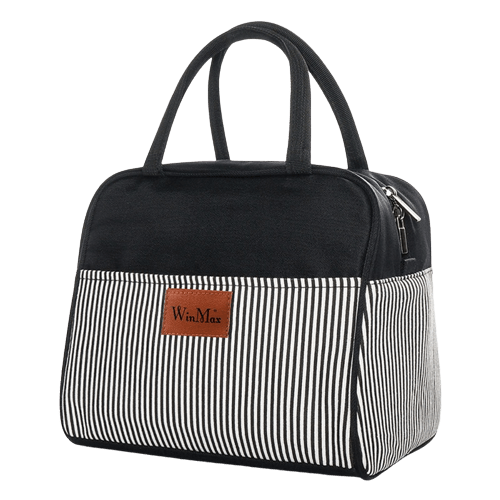 sac isotherme noir et rayé avec poignées, idéal pour le transport de repas et de boissons, design élégant et pratique