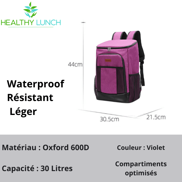 Sac à dos isotherme violet en Oxford 600D, waterproof, léger, capacité de 30 litres avec compartiments optimisés.