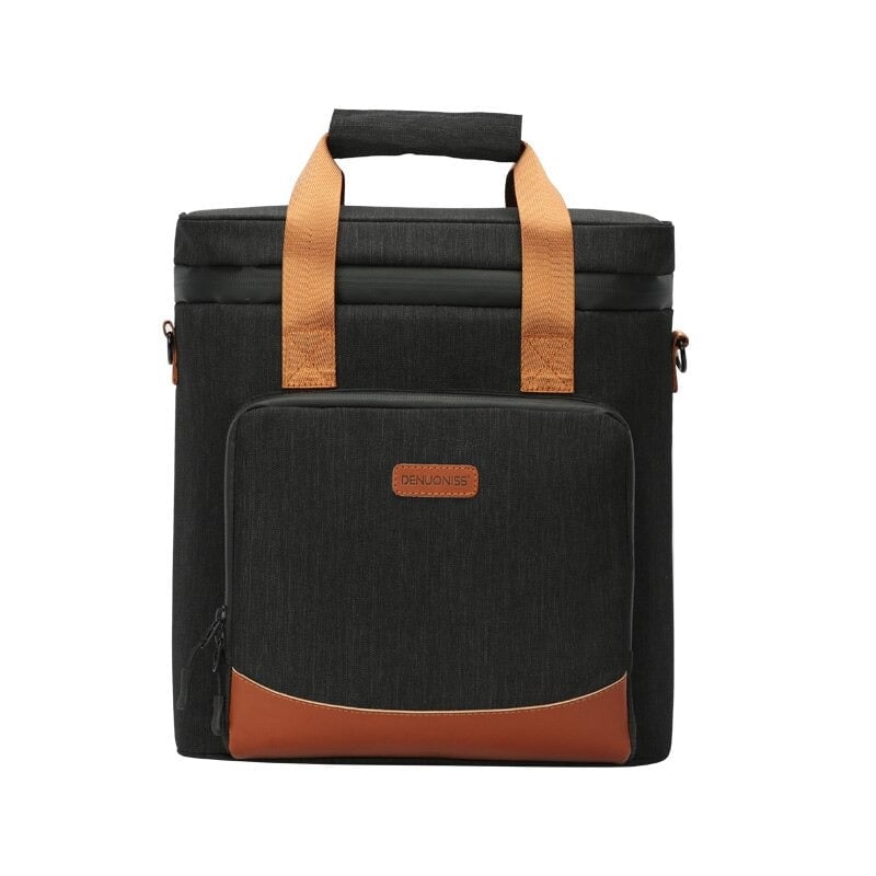 Sac isotherme noir avec poignées en tissu orange et pochette avant zippée, idéal pour le transport d'aliments et de boissons.