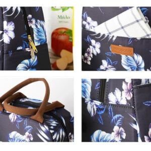 Sac isotherme à motif floral, doté d'une fermeture éclair, de poches pratiques et de poignées renforcées pour un transport facile.