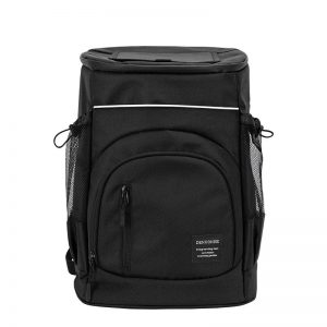 sac à dos isotherme noir avec poches latérales en mesh et fermeture éclair, idéal pour le transport d'aliments et de boissons fraîches