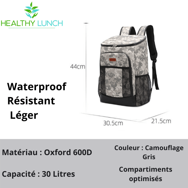 Sac à dos isotherme léger, waterproof, en matériau Oxford 600D, couleur camouflage gris, capacité de 30 litres avec compartiments optimisés.