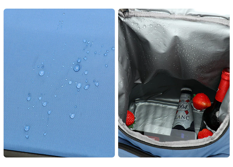 Sac isotherme bleu avec tissu résistant à l'eau, intérieur isolé, contenant des bouteilles et des fruits, idéal pour le transport de boissons et aliments frais.