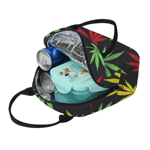 sac isotherme avec motif feuilles de cannabis, contenant des canettes et un contenant en plastique, idéal pour garder les boissons et aliments au frais.