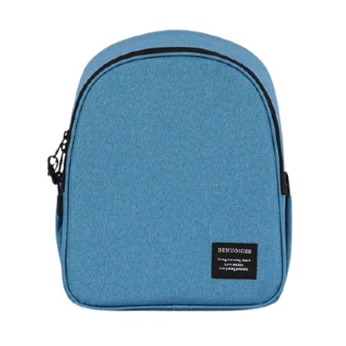 sac isotherme bleu avec fermeture éclair et logo, idéal pour conserver les aliments et boissons à la bonne température