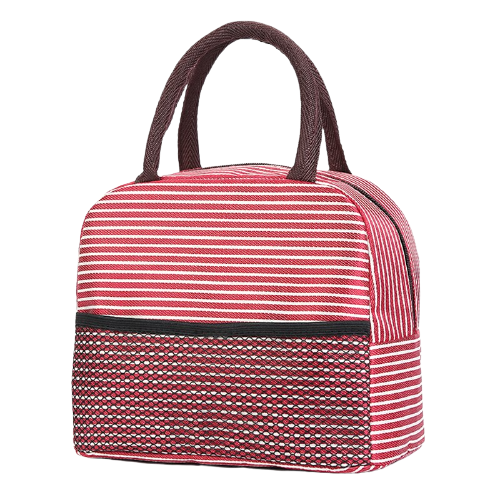 Sac isotherme à rayures rouges et blanches avec poignées et poche avant en filet pour le transport d'aliments et de boissons.