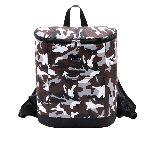 sac isotherme à motif camouflage, conçu pour garder les aliments et boissons au frais, avec une fermeture éclair et des bretelles pour un transport facile