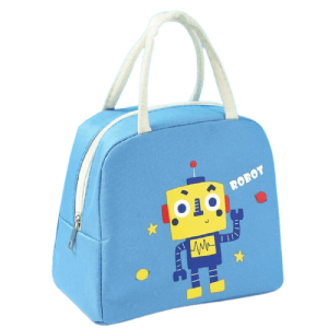 sac isotherme bleu avec motif robot et poignées blanches, idéal pour le transport des repas et des collations