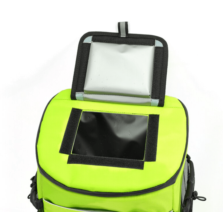Sac isotherme de couleur verte fluo avec un compartiment supérieur à fermeture éclair et une fenêtre transparente pour une identification facile du contenu.