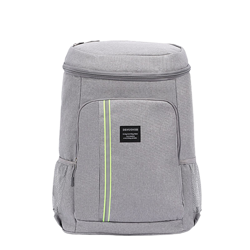 sac à dos isotherme gris avec poche avant et bandes réfléchissantes, idéal pour le transport de nourriture et de boissons froides ou chaudes.