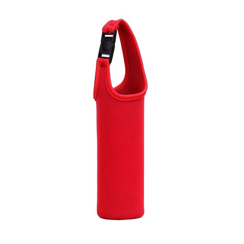Sac isotherme rouge en néoprène, conçu pour maintenir la température des boissons, avec une poignée pratique pour un transport facile.