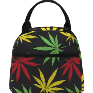 Sac isotherme avec motif de feuilles de cannabis en couleurs rouge, vert et jaune, idéal pour conserver vos aliments et boissons à la bonne température.