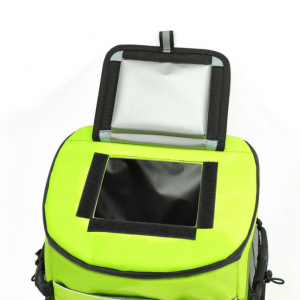 Sac isotherme de couleur verte fluo avec un compartiment supérieur à fermeture éclair et une fenêtre transparente pour une identification facile du contenu.