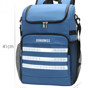 Sac à dos isotherme bleu avec bandes réfléchissantes, dimensions 41 cm x 27 cm x 18 cm, idéal pour le transport de nourriture et de boissons.
