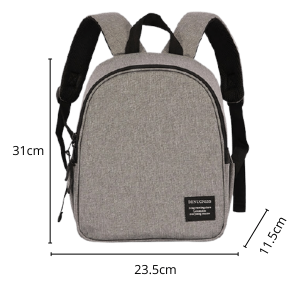 Sac à dos isotherme gris, dimensions 31 cm x 23,5 cm x 11,5 cm, idéal pour transporter des repas et boissons tout en les maintenant à la bonne température.