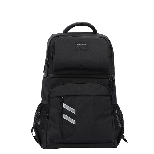 sac à dos isotherme noir avec poches latérales et logo sur le devant, idéal pour le transport de repas et boissons froides ou chaudes