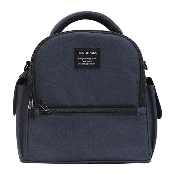 Sac isotherme en tissu noir, équipé de poches zippées et d'une poignée pour un transport pratique, idéal pour garder les aliments et boissons au frais.
