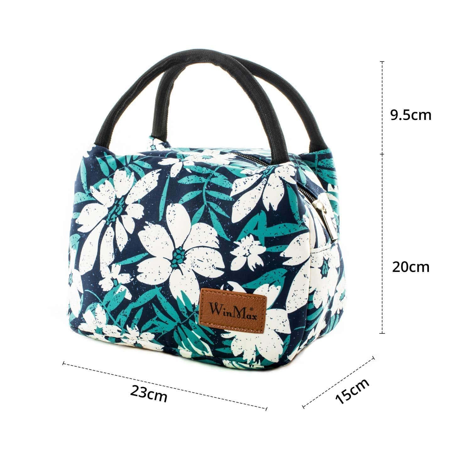 Sac isotherme à motifs floraux, dimensions 23cm x 15cm x 20cm, avec une poignée pour un transport facile.