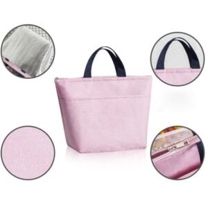 Sac isotherme rose avec poignées en nylon, idéal pour conserver les aliments au frais, doté d'une fermeture éclair et d'un design pratique pour le transport.