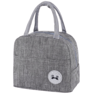 Sac isotherme gris avec anses, conçu pour conserver la température des aliments et boissons, idéal pour les pique-niques et les sorties.