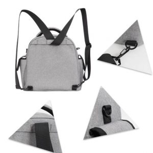 Sac isotherme en tissu gris, conçu pour garder les aliments et boissons à température, équipé de bretelles ajustables et de poches pratiques pour un transport facile.