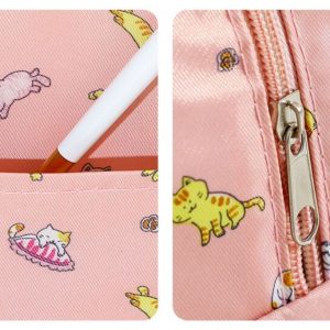 sac isotherme rose avec motifs de chats, fermeture éclair et poche pour accessoires, idéal pour le transport de repas et boissons fraîches