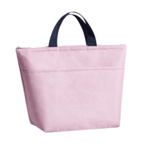 sac isotherme rose avec poignées bleues, idéal pour conserver la température des aliments et des boissons