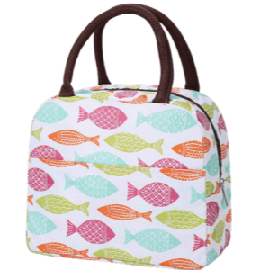 sac isotherme avec motif de poissons colorés, idéal pour conserver vos aliments et boissons au frais, équipé de poignées pour un transport facile