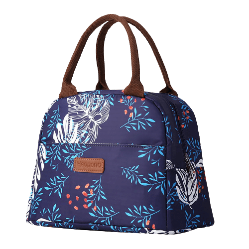 Sac isotherme à motifs floraux, design moderne, idéal pour le transport de repas et boissons, avec poignées robustes et compartiment spacieux.