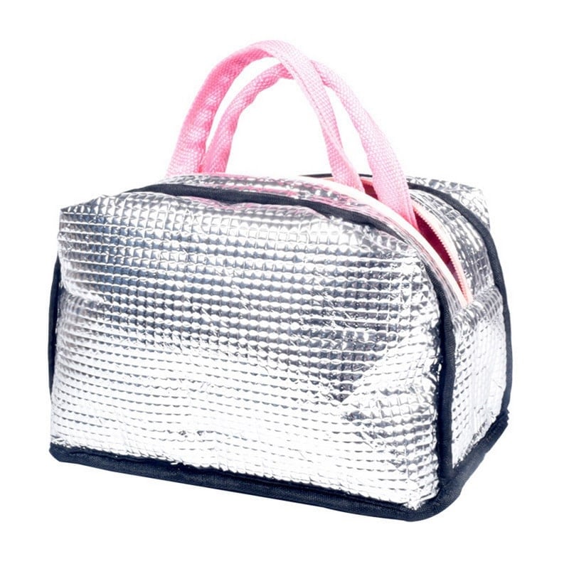 Sac isotherme argenté avec des poignées roses, idéal pour garder les aliments et boissons à la bonne température.