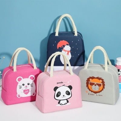 sacs isothermes colorés avec motifs d'animaux, incluant un panda, un lion, un ours polaire et une souris, idéaux pour conserver la fraîcheur des aliments et des boissons.