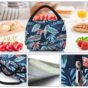 sac isotherme à motifs de feuilles tropicales, idéal pour le transport des repas et des boissons, doté de poignées confortables et d'une fermeture éclair pour une meilleure isolation thermique.