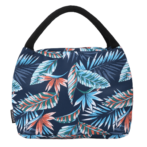 Sac isotherme à motif de feuilles tropicales, idéal pour le transport de repas et de boissons, avec une poignée confortable et une isolation efficace.
