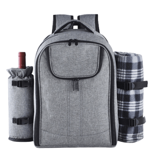 sac à dos isotherme en tissu gris avec compartiments pour bouteille de vin et couverture, idéal pour les pique-niques et les sorties en plein air