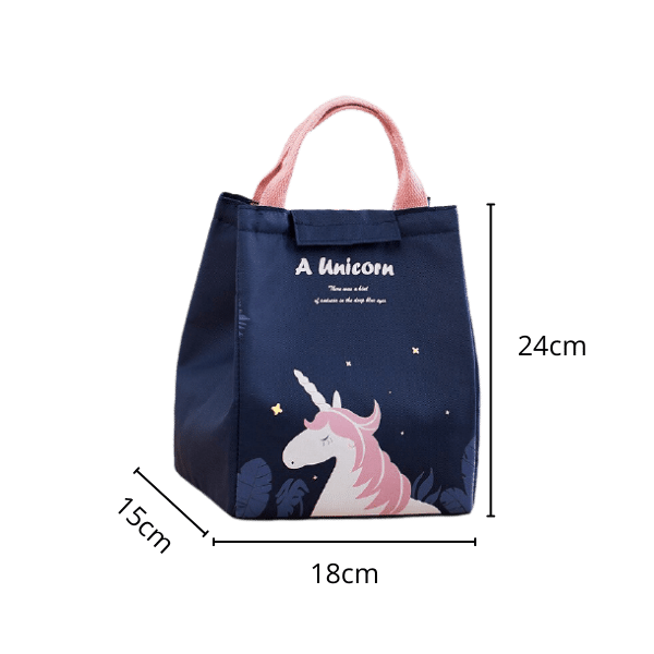 Sac isotherme à motif de licorne, dimensions 24 cm de hauteur, 18 cm de largeur et 15 cm de profondeur, idéal pour le transport de nourriture et de boissons.