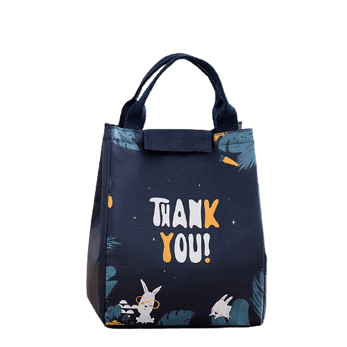 Sac isotherme avec motif de lapins et inscription colorée, idéal pour le transport de repas et de boissons.