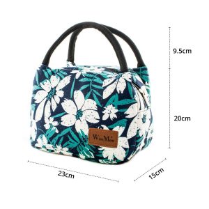 Sac isotherme à motifs floraux, dimensions 23cm x 15cm x 20cm, avec une poignée pour un transport facile.