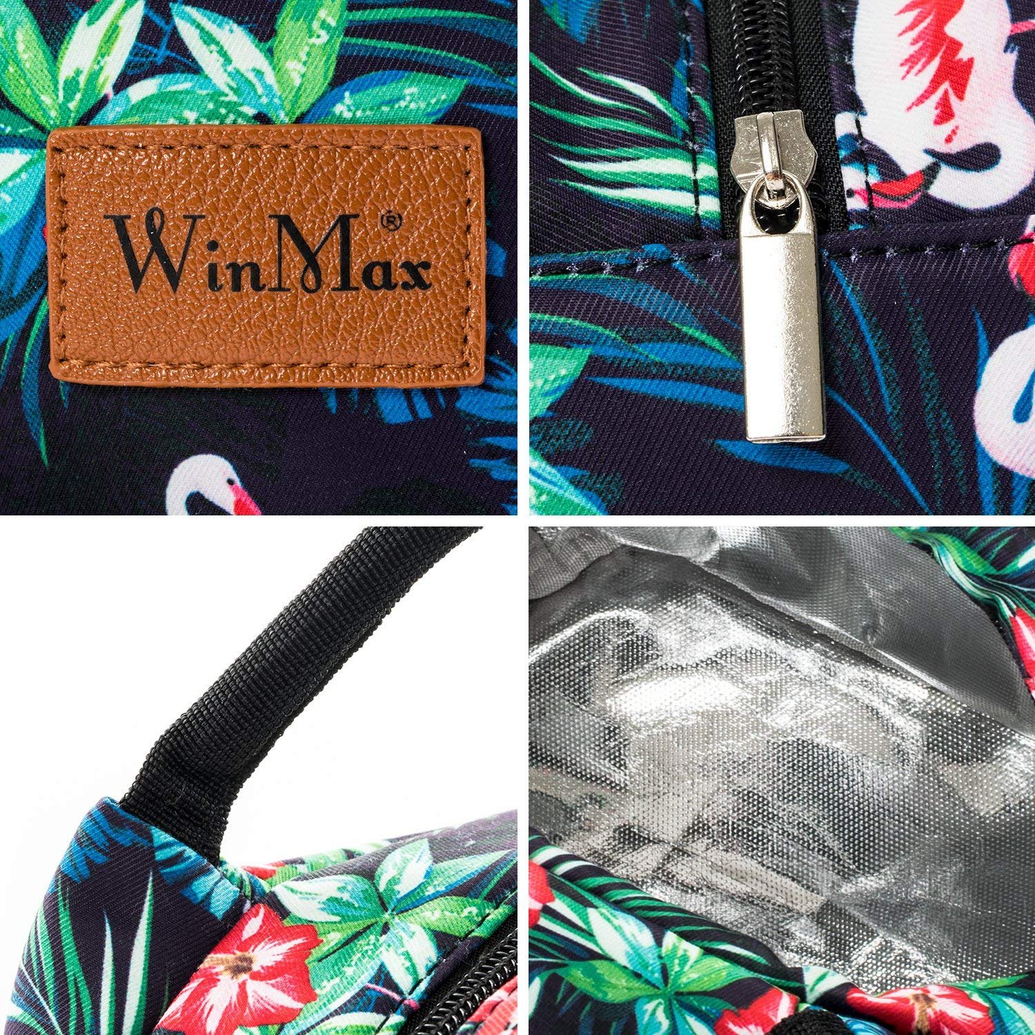 sac isotherme WinMax avec motif tropical, doublure réfléchissante et fermeture éclair robuste, idéal pour le transport de nourriture et de boissons.
