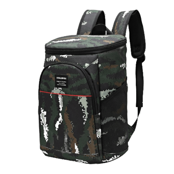 Sac à dos isotherme camouflage, conçu pour maintenir la température des aliments et boissons, avec des bretelles confortables et un compartiment principal zippé.