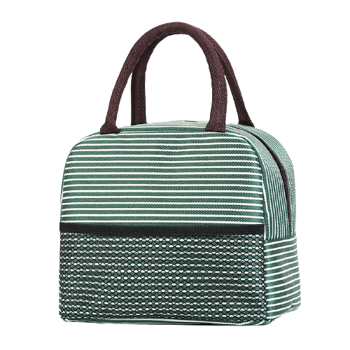 Sac isotherme à rayures vertes et blanches, avec des anses marron et une poche en bas en tissage. Idéal pour transporter des aliments et boissons tout en maintenant leur température.