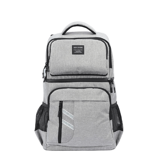 Sac à dos isotherme en tissu gris avec plusieurs compartiments et poches en filet, idéal pour le transport de repas et boissons.