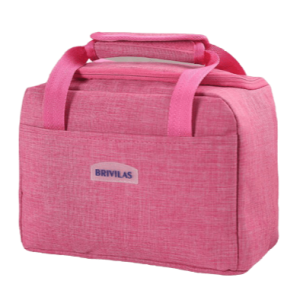 sac isotherme rose avec poignées et logo Brivilas, idéal pour transporter des repas et des boissons en gardant leur température