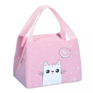 sac isotherme rose avec motif de chat, idéal pour transporter des aliments et boissons au frais, design ludique et pratique