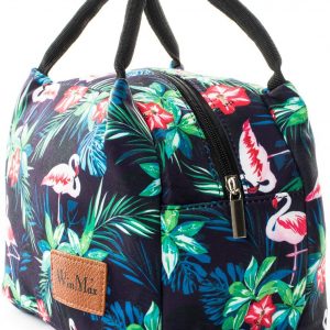 Sac isotherme à motifs floraux avec des flamants roses, idéal pour le transport de nourriture et de boissons, doté d'une fermeture éclair et de poignées pour un transport facile.