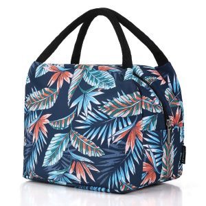 Sac isotherme avec motif tropical, idéal pour conserver les aliments et boissons au frais, doté de poignées noires pour un transport facile.