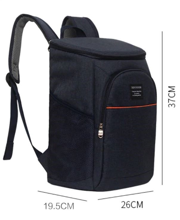 Sac à dos isotherme de couleur noire, dimensions 37 cm x 26 cm x 19,5 cm, avec une poche avant zippée et des bretelles rembourrées pour un transport confortable.