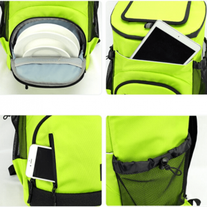 Sac isotherme vert fluo avec compartiment pour assiettes, poche pour tablette et espace pour téléphone, idéal pour les pique-niques et les sorties.