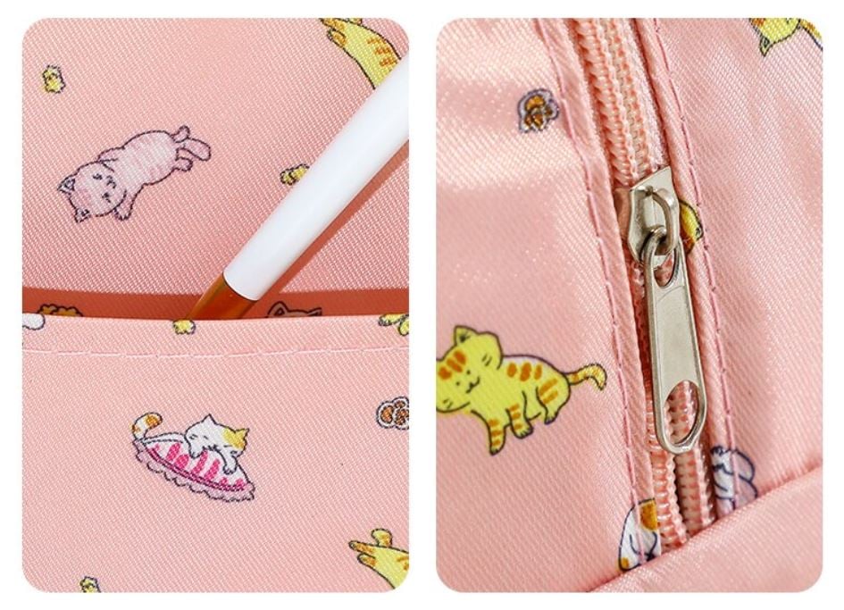 sac isotherme rose avec motifs de chats, fermeture éclair et poche pour accessoires, idéal pour le transport de repas et boissons fraîches