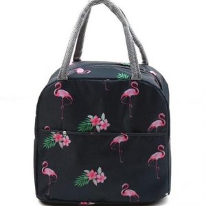 Sac isotherme à motifs de flamants roses et fleurs, idéal pour le transport de repas et boissons, avec poignées pour un transport facile.